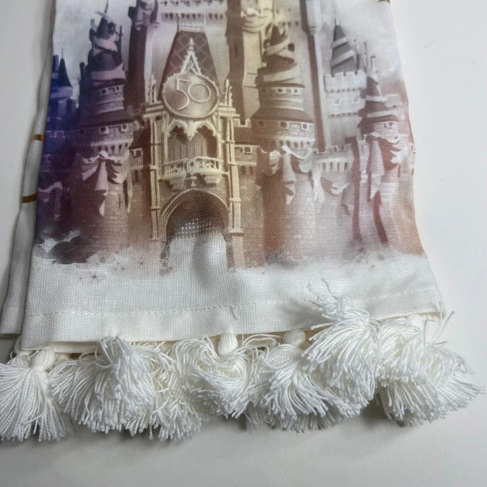 Disney World 50th Anniversary Cinderella Castle Kitchen Towel‎ White Tassels NEW